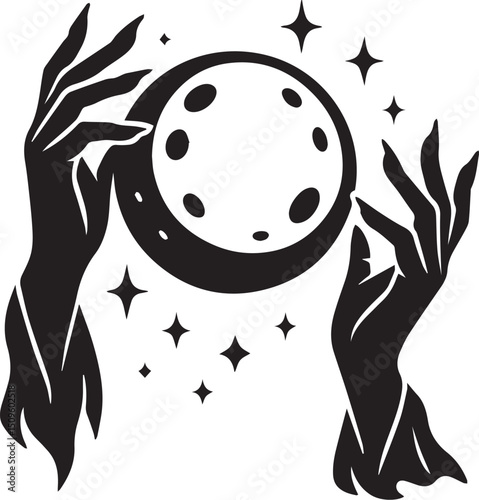 Witch hands holding moon orb, magical black vector