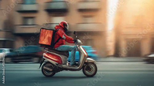 A delivery rider speeds through the bustling city streets on a sleek scooter, food delivery backpack. conveying a sense of speed, efficiency.