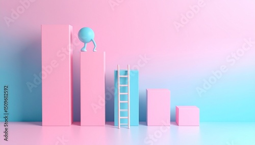 Image of a character climbing a ladder in the background, with a growing bar chart showing a growth rate next to it