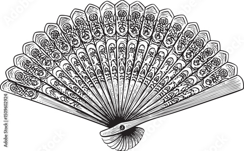 detailed black and white depicts a decorative fan with intricate .