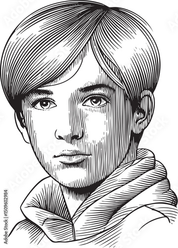 young boy gazes intently at the viewer with a thoughtful expression.