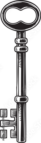 vintage key with a large ornate loop stands upright against a stark white background.