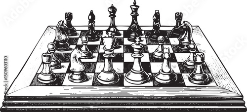 black and white chess set sits on a wooden board.