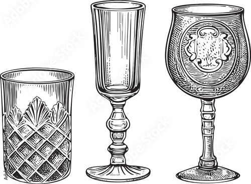 Three decorative glass vessels stand upright on a white background.