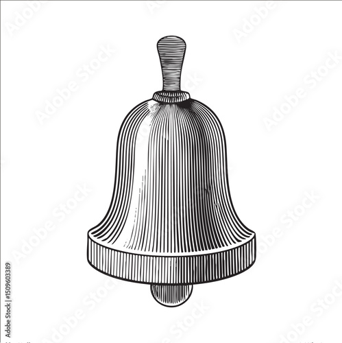 detailed black and white engraving depicts a classic bell.