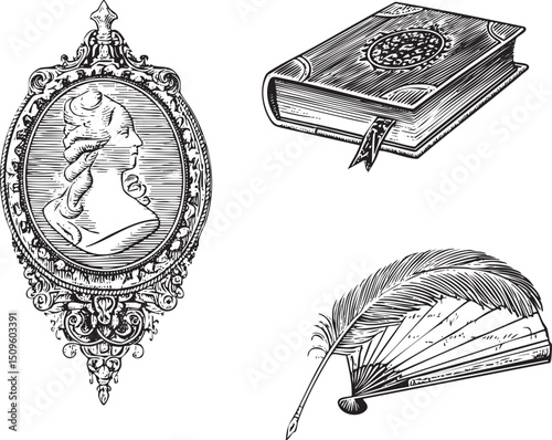 vintage portrait frame displays a regal woman alongside an open book and a feather fan.