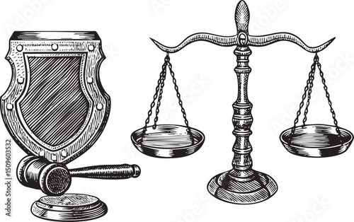 gavel rests upon a shield before a set of scales.
