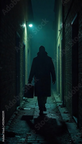 A shadowy figure in a dimly lit alleyway, clutching a worn briefcase, disappears into the darkness The scene suggests secrecy, espionage, and a clandestine meeting , back alley, spy, danger