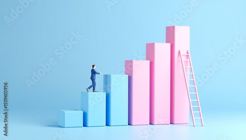 Image of a character climbing a ladder in the background, with a growing bar chart showing a growth rate next to it