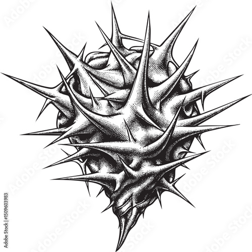 densely packed collection of sharp overlapping thorns forms a complex textured shape.