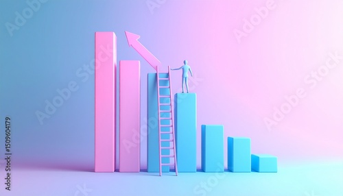 Free Download Image of a character climbing a ladder in the background, with a growing bar chart showing a growth rate next to it - GFXLoad