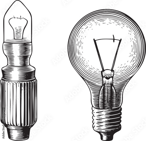 detailed black and white depicts a light bulb filament and its complete form.
