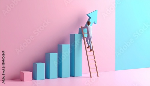 Image of a character climbing a ladder in the background, with a growing bar chart showing a growth rate next to it