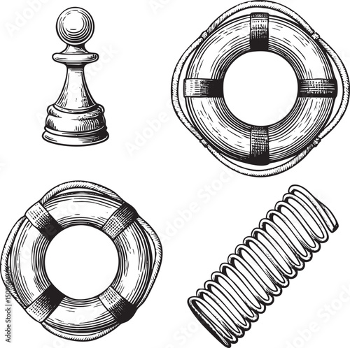 chess piece and a life preserver are depicted in black and white .