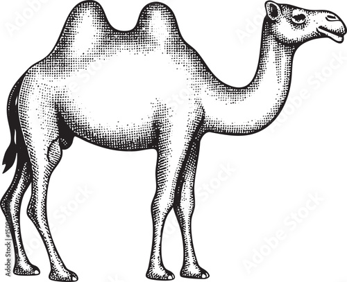 single camel stands confidently in a neutral pose.
