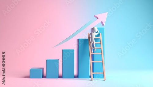 Image of a character climbing a ladder in the background, with a growing bar chart showing a growth rate next to it