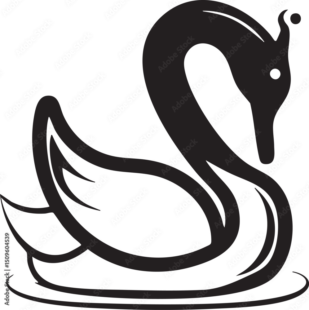 stylized black swan gracefully floats on a calm reflective surface.
