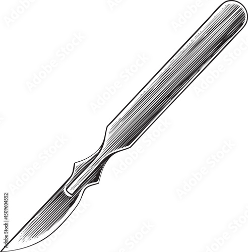 sleek surgical scalpel rests on a clean white surface.