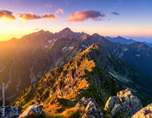 Mountain peaks at sunset. Tatra Mountains in Poland. 