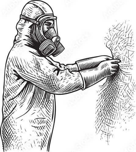 solitary figure in protective gear meticulously examines a dense tangled mass of plant fibers.