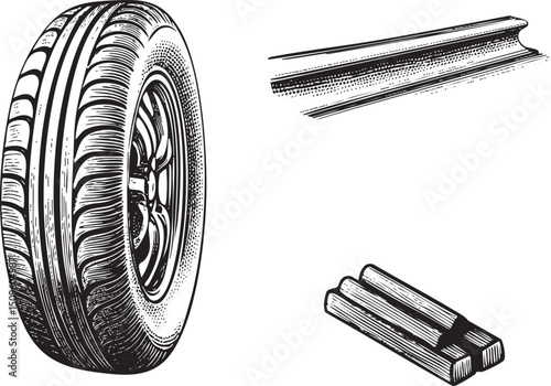 black tire rests on a white surface alongside wooden planks.