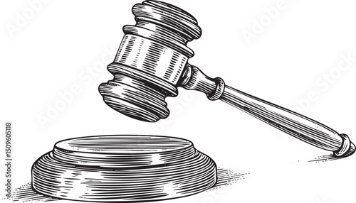 wooden gavel rests upon a circular patterned pedestal.