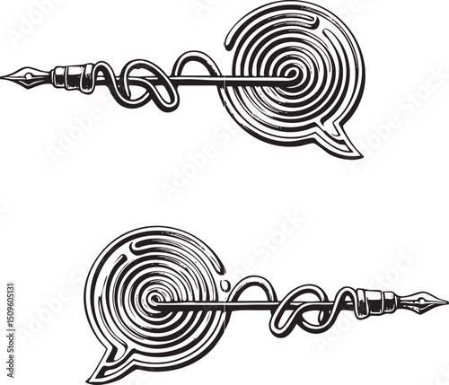 stylized black and white pen nib spirals into a complex interwoven knot.