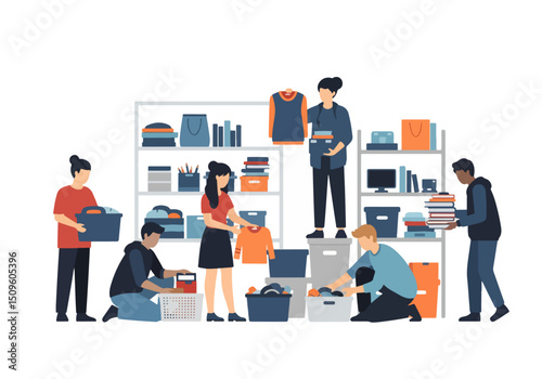 Volunteers Organizing Items: A group of dedicated volunteers organizes donated items.  Focusing on collaboration, commitment and the heart of charitable giving. 