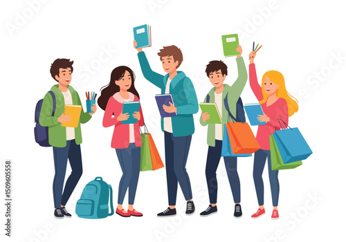 Excited Students with Books: Group of happy students with books celebrating education. Illustration of the start of semester, capturing the joy of knowledge and the excitement of learning.