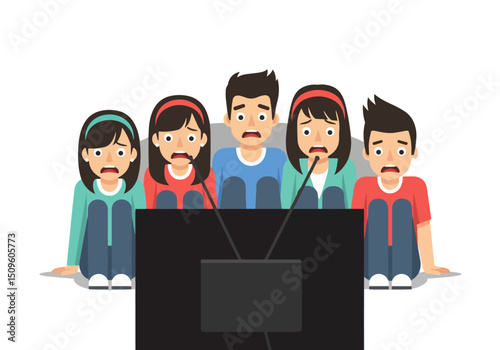 Horror Movie Night: A group of friends cower in fear as they watch a suspenseful movie, their faces etched with shock and dread in this vivid illustration.