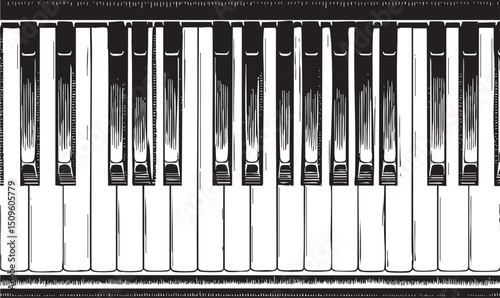stark black and white showcases a row of piano keys.