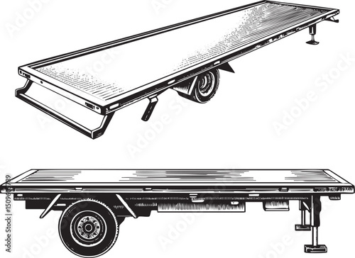 flatbed trailer rests on a paved road.