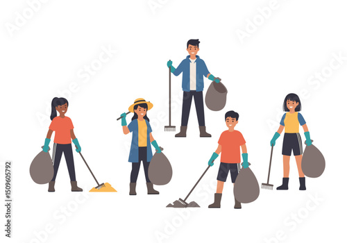 Community Cleanup Crew: A diverse group of volunteers actively participates in a community cleanup initiative, demonstrating environmental responsibility and teamwork.