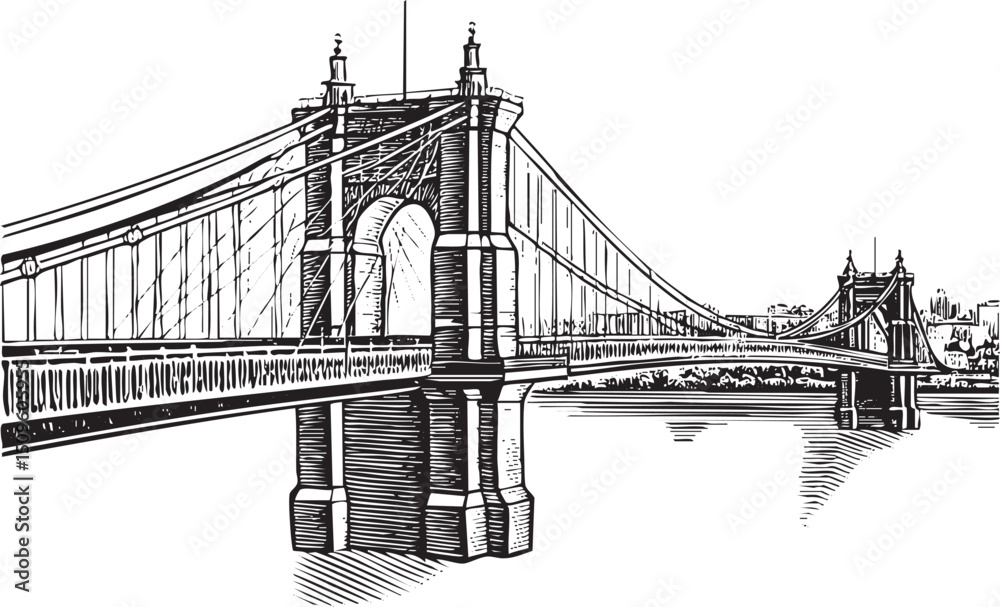 Obraz premium detailed black and white depicts a suspension bridge spanning a wide waterway.
