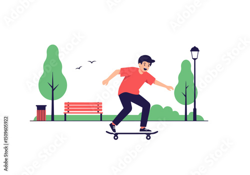 Skateboarder in Park: A vibrant illustration of a skater carving through a park, exuding dynamic energy and capturing the spirit of urban sports and leisure.