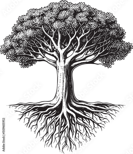 majestic ancient tree stands tall with intricate roots extending outward.
