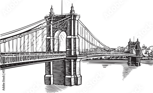 detailed black and white depicts a suspension bridge spanning a wide waterway.