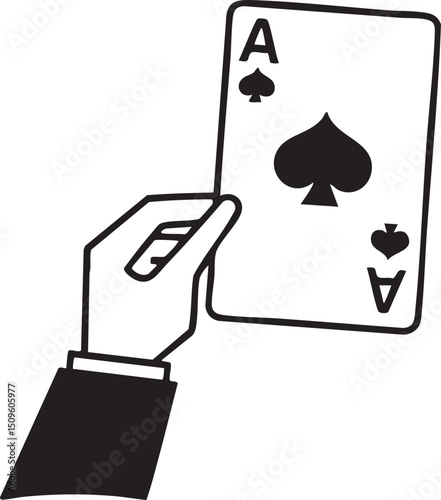 hand displays a playing card with the Ace of Spades.