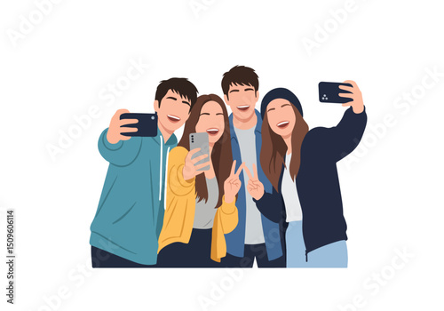 Happy Selfie Squad: Four cheerful young friends take a fun selfie together, capturing their joy and friendship in a vibrant, minimalist illustration. 