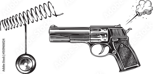 black and white depicts a pistol connected to a with a coiled spring.