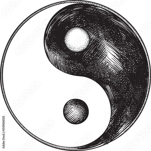 detailed black and white yin yang symbol with contrasting circular elements.