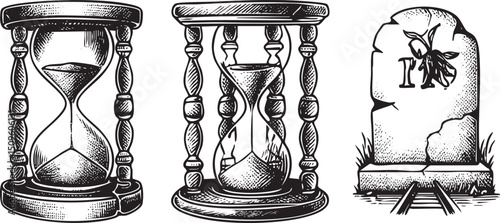 Three hourglasses depict the passage of time and mortality.
