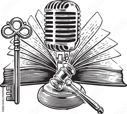 vintage key rests upon an open law book with a microphone and gavel.