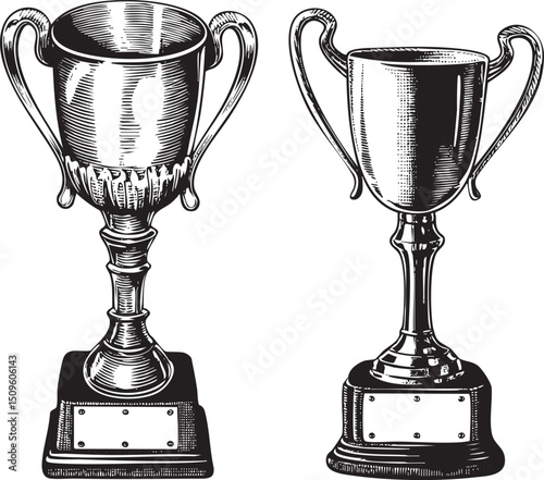 Two antique silver trophies stand upright on a wooden base.