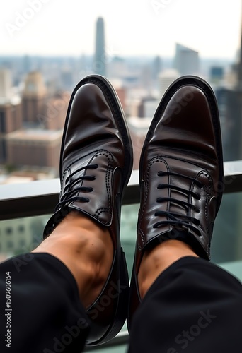 person's feet in a pair of brown shoes