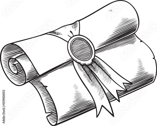 rolled parchment scroll is secured with a seal and ribbon.
