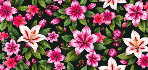 Elegant floral seamless pattern featuring lilies, Amelia rhododendrons, and leaves , botanical, artwork