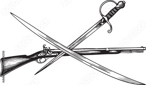 black rifle and a sword cross diagonally creating a dynamic composition.