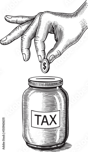 hand deposits a coin into a jar labeled ‘TAX’.