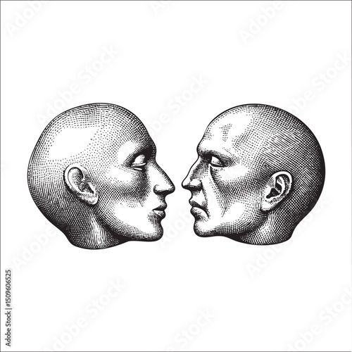 Two facing human heads are presented in a symmetrical detailed engraving.